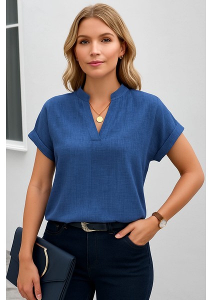 Kadın Kısa Kollu Hakim Yaka Sofya Bluz