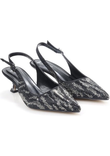 Pisagor PS-32370 Kadın 4 cm Arkası Açık Taşlı Abiye Stiletto Ayakkabı