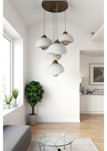 Modern 5'li Avize Beton Dokulu - Salon ve Oturma Odası Için Şık Tasarım (Rustik Ampul Hediyeli)
