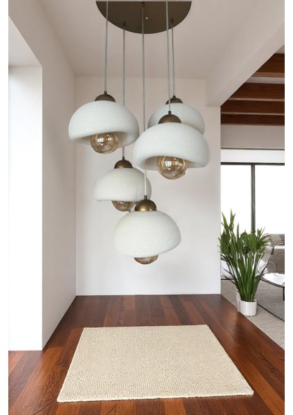 Modern 5'li Avize Beton Dokulu - Salon ve Oturma Odası Için Şık Tasarım (Rustik Ampul Hediyeli)