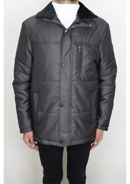 Fistan Store Erkek Gri Hakim Yaka Klasik Kesim Dar Kalıp Fermuar ve Çıtçıt Kapamalı Kışlık Kaban