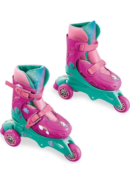 Çocuk Pembe Unicorn Desenli Inline 3 Tekerlekli Paten