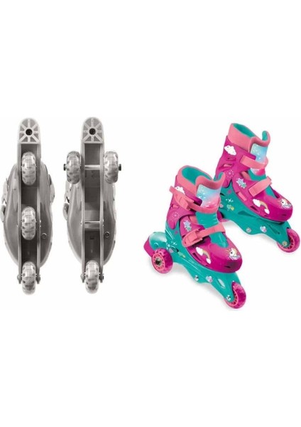 Çocuk Pembe Unicorn Desenli Inline 3 Tekerlekli Paten