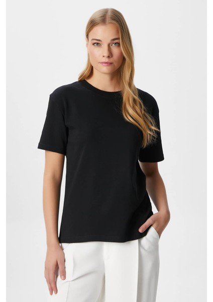 Kadın Rise Dekoratif Yaka Tok Doku %100 Pamuk Siyah T-Shirt