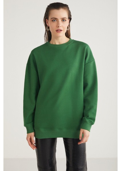 Allys Kadın Bisiklet Yaka Oversize Basic Yeşil Sweatshirt