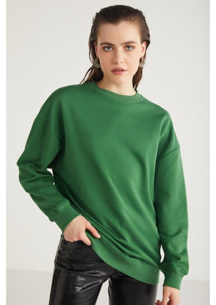 Allys Kadın Bisiklet Yaka Oversize Basic Yeşil Sweatshirt