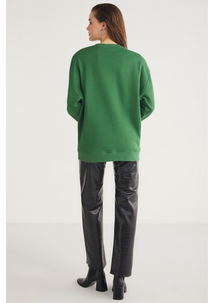 Allys Kadın Bisiklet Yaka Oversize Basic Yeşil Sweatshirt