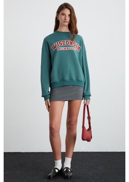 Apollanıa Kadın Pamuk Yuvarlak Yaka Petrol Yeşili Sweatshirt