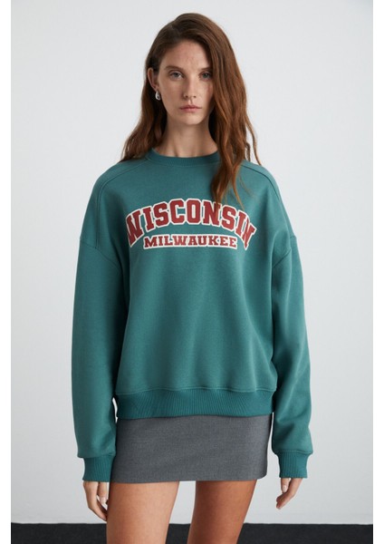 Apollanıa Kadın Pamuk Yuvarlak Yaka Petrol Yeşili Sweatshirt fiyatları