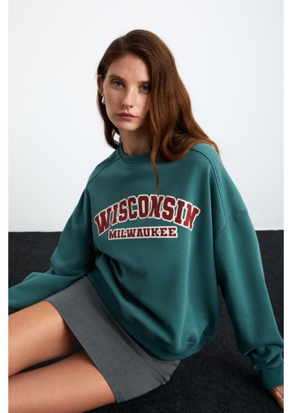 Apollanıa Kadın Pamuk Yuvarlak Yaka Petrol Yeşili Sweatshirt modelleri