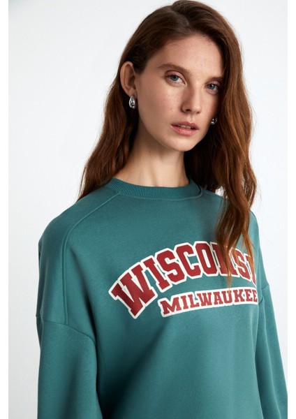 Apollanıa Kadın Pamuk Yuvarlak Yaka Petrol Yeşili Sweatshirt fırsatları