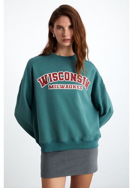 Apollanıa Kadın Pamuk Yuvarlak Yaka Petrol Yeşili Sweatshirt indirimleri