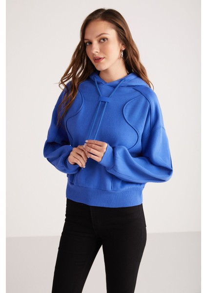 Kennedy Kadın Içi Polarlı Yumuşacık 3 Iplik Kapüşonlu Biye Detaylı Comfort Fit Mavi Sweatshirt modelleri