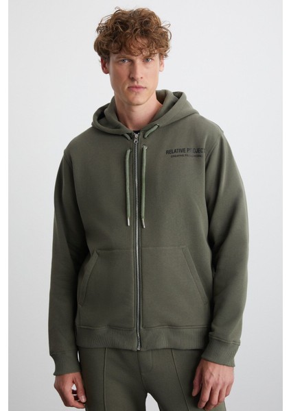 Gogh Erkek Pamuklu Kapüşonlu Sırt Baskı Detaylı Relaxed Fit Haki Sweatshirt