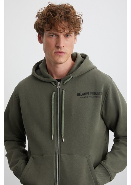 Gogh Erkek Pamuklu Kapüşonlu Sırt Baskı Detaylı Relaxed Fit Haki Sweatshirt