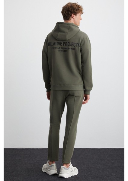 Gogh Erkek Pamuklu Kapüşonlu Sırt Baskı Detaylı Relaxed Fit Haki Sweatshirt