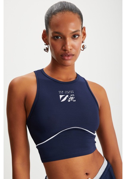 Tanger Kadın Halter Yaka Esnek Jarse Kumaşlı Baskılı Yoga Stili Lacivert Büstiyer