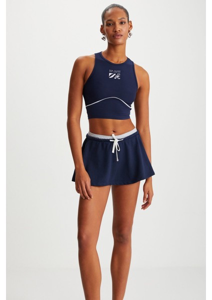 Tanger Kadın Halter Yaka Esnek Jarse Kumaşlı Baskılı Yoga Stili Lacivert Büstiyer fırsatları