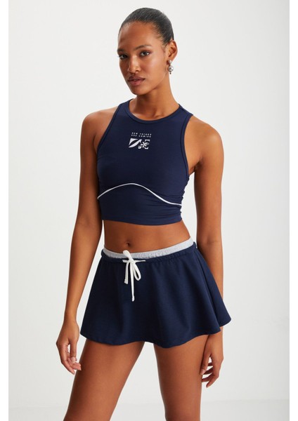 Tanger Kadın Halter Yaka Esnek Jarse Kumaşlı Baskılı Yoga Stili Lacivert Büstiyer indirimleri