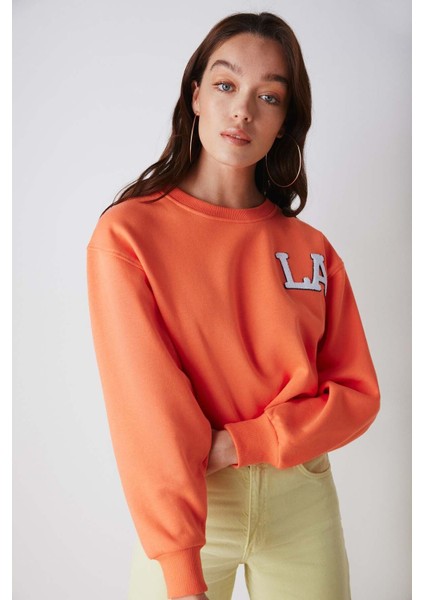 Clara Kadın Hafif Dökümlü Yakası Dantelli Askılı Büyük Beden Turuncu Sweatshirt modelleri