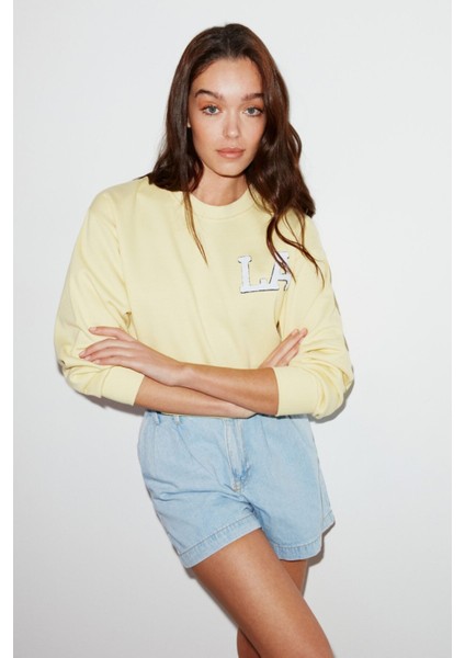 Clara Kadın Hafif Dökümlü Yakası Dantelli Askılı Büyük Beden Sarı Sweatshirt modelleri
