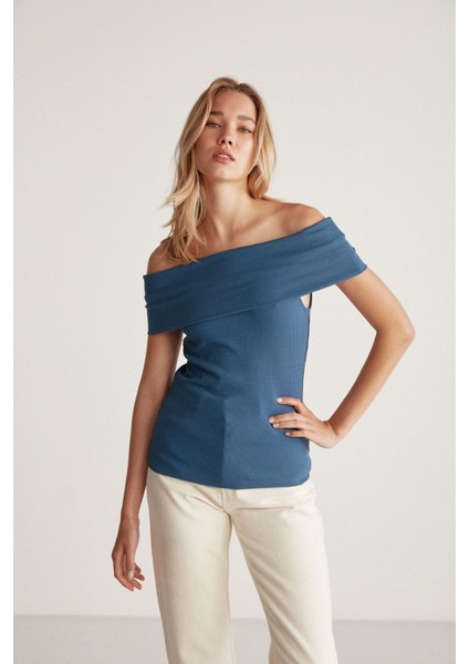 Debby Omzu Açık Slim Mavi Bluz