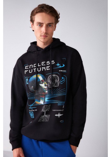 Warrıor Erkek Içi Polarlı Metaverse Baskılı Kapüşonlu Kordonlu Siyah Sweatshirt
