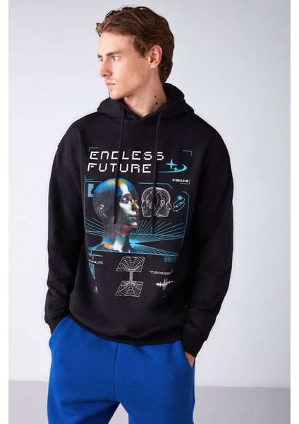 Warrıor Erkek Içi Polarlı Metaverse Baskılı Kapüşonlu Kordonlu Siyah Sweatshirt modelleri