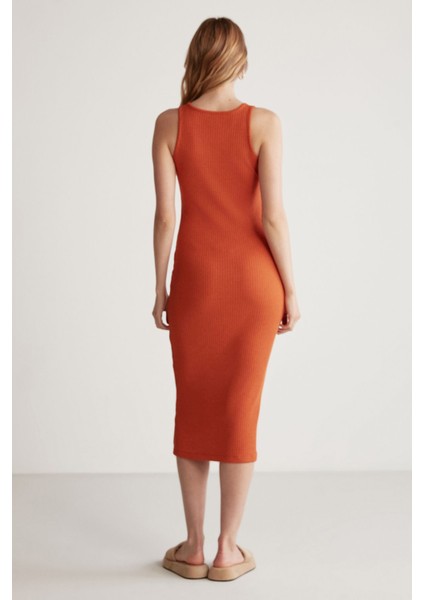 Carına Kadın Geniş Fitilli Esnek Kumaşlı Vücüda Oturan Bodycon Maxi Kiremit Rengi Elbise
