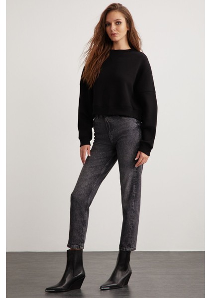 Nerea Bisiklet Yaka Şardonlu Bisiklet Yaka Siyah Siyah Sweatshirt modelleri