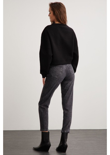 Nerea Bisiklet Yaka Şardonlu Bisiklet Yaka Siyah Siyah Sweatshirt