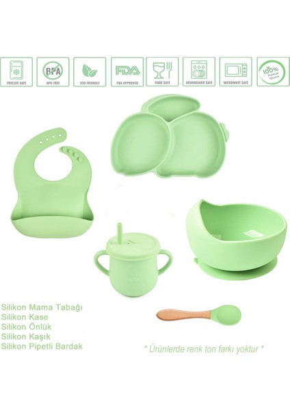 Silikon Beslenme Seti Vakumlu Silikon Mama Tabağı, Mama Kasesi, Önlük, Kaşık,pipetli Bardak-Çerezlik