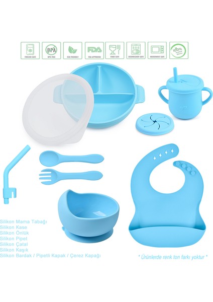 Silikon Beslenme Seti Vakumlu Mama Tabağı, Kase, Önlük, Çatal-kaşık, Bardak / (MAVİ)
