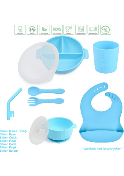 Silikon Beslenme Seti Vakumlu Silikon Mama Tabağı Ve Kasesi, Silikon Çatal Ve Kaşık, Bardak /mavi
