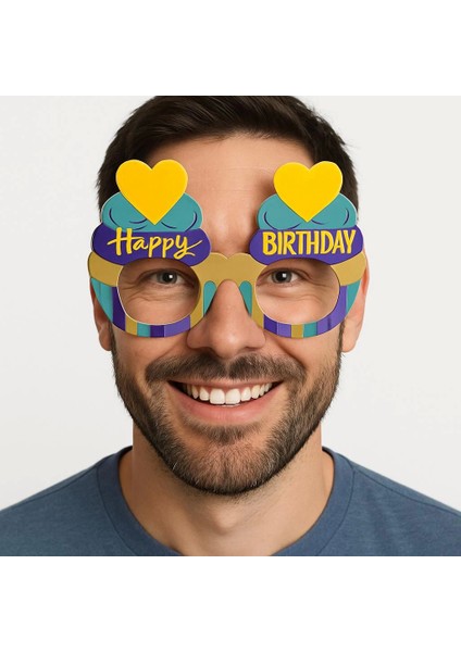 Cupcake Temalı Doğum Günü Renkli Karton Happy Birthday Gözlüğü 6 Adet