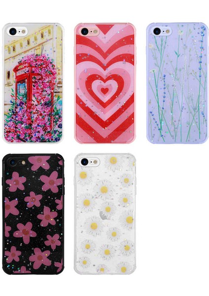 iPhone 8 Kılıf Simli Desenli Kamera Korumalı Parlak Btbm Popy Kapak-Çiçek