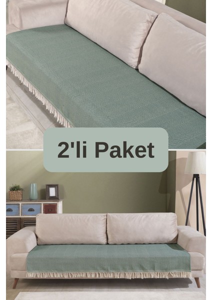 Yeşil Pamuklu 2'li Koltuk Örtüsü 115X200 Önden Saçaklı Çizgili Desenli
