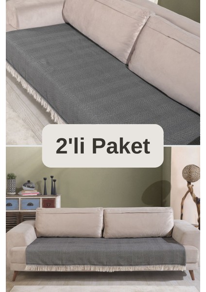 Siyah Pamuklu 2'li Koltuk Örtüsü 115X200 Önden Saçaklı Çizgili Desenli
