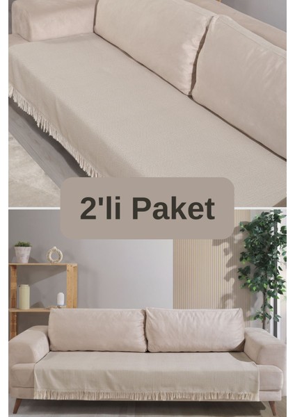 Bej Pamuklu 2'li Koltuk Örtüsü 115X200 Önden Saçaklı Çizgili Desenli