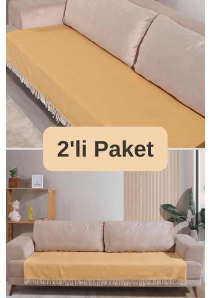 Sarı Pamuklu 2'li Koltuk Örtüsü 115X200 Önden Saçaklı Çizgili Desenli