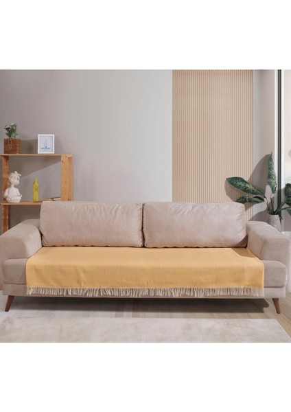 Sarı Pamuklu 2'li Koltuk Örtüsü 115X200 Önden Saçaklı Çizgili Desenli fiyatları