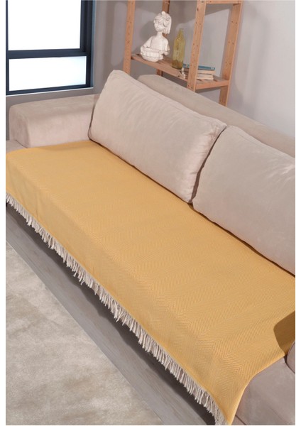 Sarı Pamuklu 2'li Koltuk Örtüsü 115X200 Önden Saçaklı Çizgili Desenli modelleri