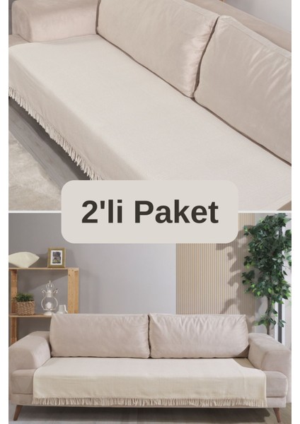Ekru Pamuklu 2'li Koltuk Örtüsü 115X200 Önden Saçaklı Çizgili Desenli