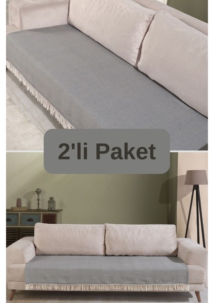 Gri Pamuklu 2'li Koltuk Örtüsü 115X200 Önden Saçaklı Çizgili Desenli
