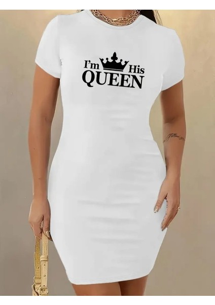 Kadın Kısa Kollu Queen Baskı Iki Iplik Mini Elbise
