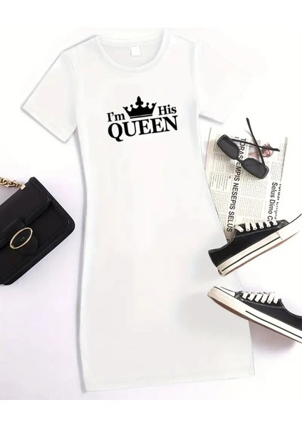 Kadın Kısa Kollu Queen Baskı Iki Iplik Mini Elbise