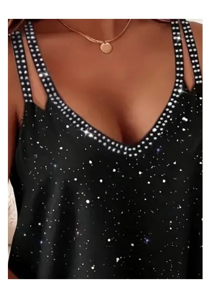 AYDOGANTICARET44 Kadın Çift Askılı Derin V Yakalı Taşlı Sandy Bluz fiyatları