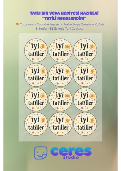 Iyi Tatiller Sticker Seti - 96 Adet Yuvarlak Etiket | Yapışkanlı, Parlak Kuşe Çıkartma Kağıdı
