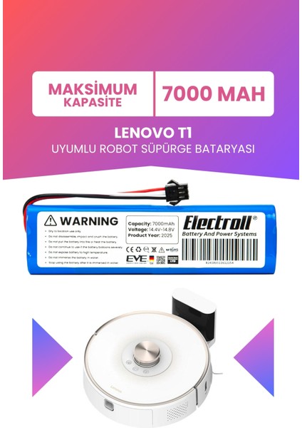 Lenovo T1 Uyumlu Batarya (Maksimum Kapasite) 7000MAH Pil Robot Süpürge Bataryası Değişimi