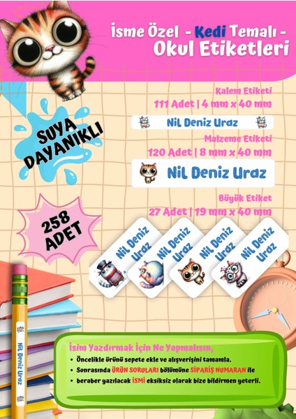 Kedi Temalı Kişiye Özel Suya Dayanıklı Okul Etiketi Seti - 258 Adet Isimli Etiket